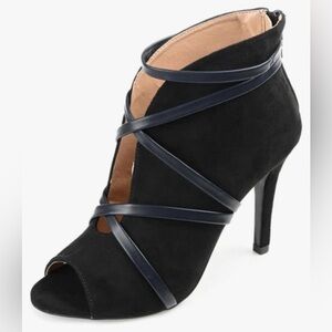 Journee Collection Black Strappy Peep Toe Booties, Size 7.5 Original Packaging